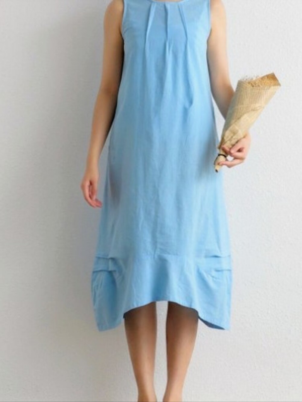 Sleeveless Light Blue Cotton Dress. Slow Fashion. Custom Made.